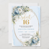 Refined Dusty Blue Greenery Sweet Sixteen Invites 招待状 (正面)