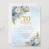 Refined dusty blue watercolor florals 70th birthda 招待状 (正面)