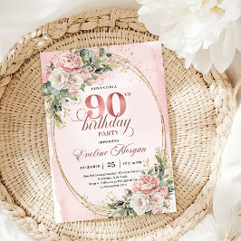 Refined Dusty Pink Gold Greenery 90th Birthday  招待状
