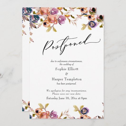 Refined Floral Wedding Postponement Notice 招待状 (正面/裏面)