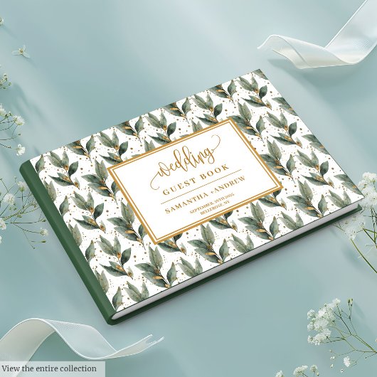Refined forest green leaves gold wedding wishes ゲストブック