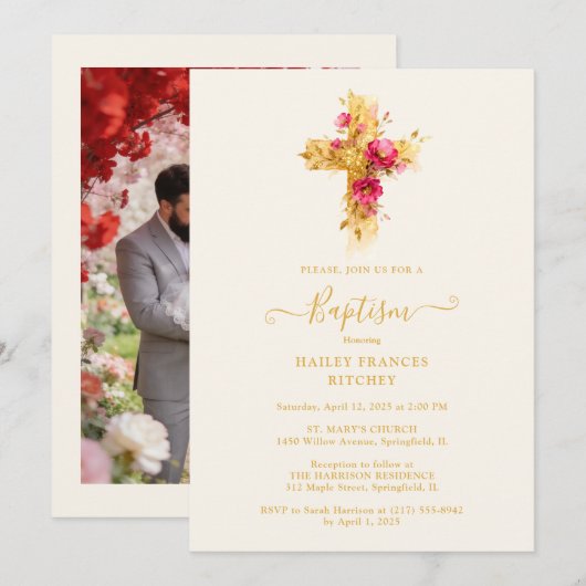 Refined Gold Botanical Cross Christian Baptism 招待状 (正面/裏面)