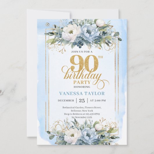 Refined light blue gold wreath 90th birthday   招待状 (正面)