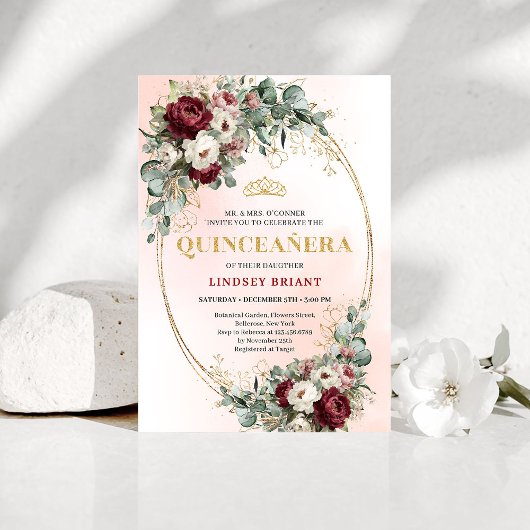 Refined Marsala Floral Gold Quinceañera Invitation 招待状
