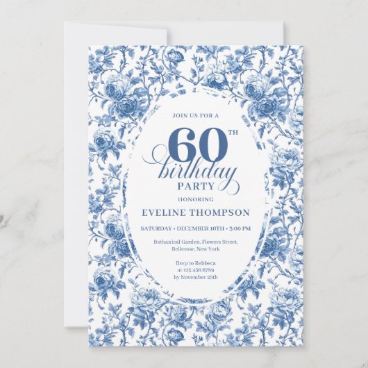 Refined Navy Roses Floral Toile 60th Birthday  招待状 (正面)