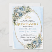 Refined Pastel Blue Gold Eucalyptus Quince Invites 招待状 (正面)