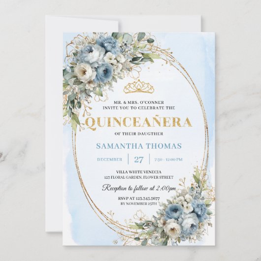Refined Pastel Blue Gold Eucalyptus Quince Invites 招待状 (正面)