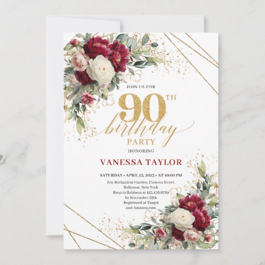 Refined Red and White Roses 90th Birthday Invite 招待状 (正面)