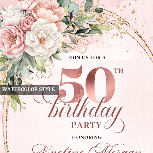 Refined Rose Gold Greenery 50th Birthday Invite 招待状