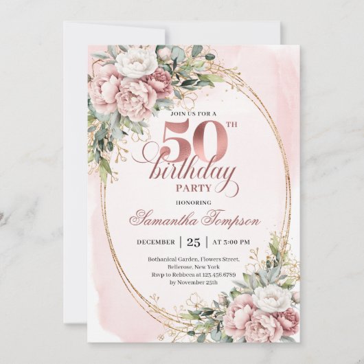 Refined Rose Gold Greenery 50th Birthday Invite 招待状 (正面)
