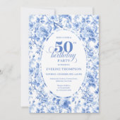Refined Royal Blue Toile de Jouy Floral 50 Birthd 招待状 (正面)