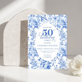 Refined Royal Blue Toile de Jouy Floral 50 Birthd 招待状