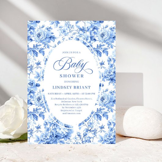 Refined Royal Blue Toile de Jouy Floral Baby Showe 招待状