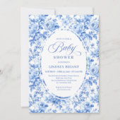 Refined Royal Blue Toile de Jouy Floral Baby Showe 招待状 (正面)