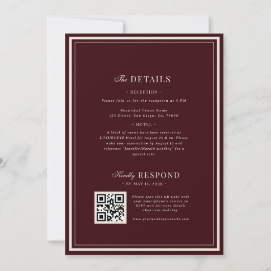 Refined Script Burgundy QR Code Details Wedding 招待状 (裏面)