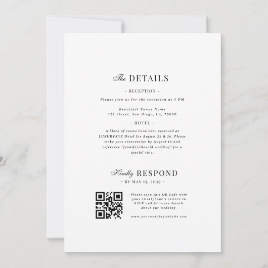 Refined Script White QR Code Details Wedding 招待状 (裏面)