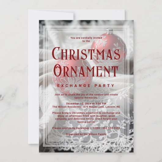 Refined Vellum Grey Shades Red Christmas Ornament 招待状 (正面)