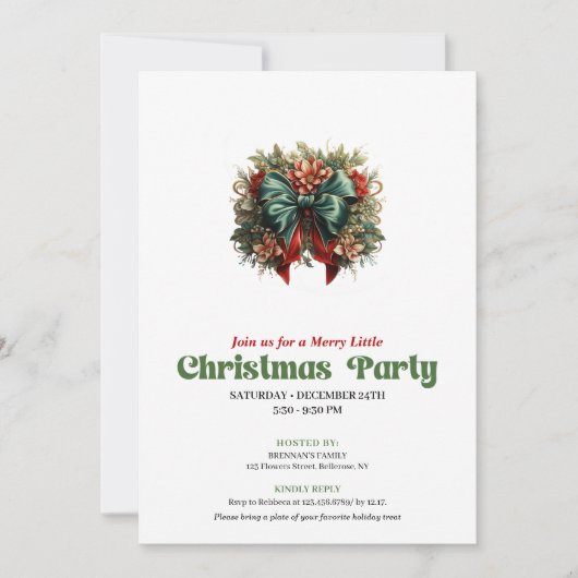Refined Victorian Christmas bow party invite 招待状 (正面)