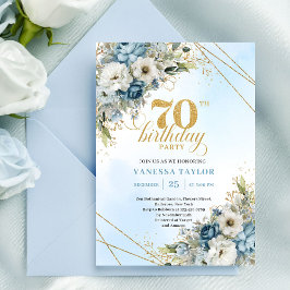 Refined watercolor blue florals gold 70th birthday 招待状