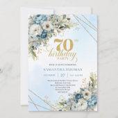 Refined watercolor blue florals gold 70th birthday 招待状 (正面)