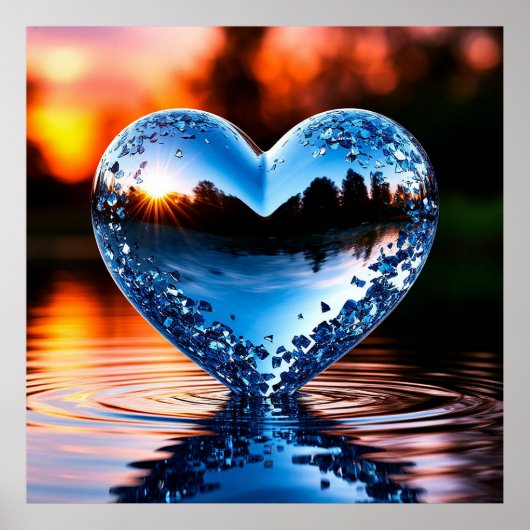 Reflective Blue Heart in Water at Sunset  ポスター (正面)