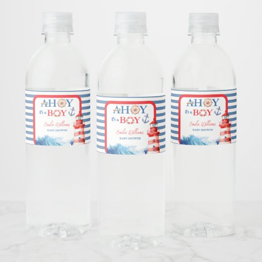 Refreshing Striped Blue Red Nautical Ahoy Boy ペットボトルラベル (ボトル)