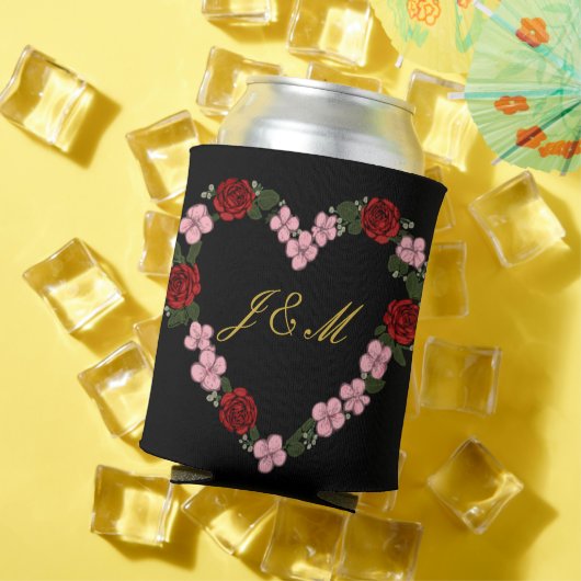 Refroidisseur de canette noir avec cœur rose e 缶クーラー (インサイチュ 夏)