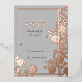 regalバラ金ゴールドフラワーズグレーウェディングRSVP 箔招待状ポストカード (正面)