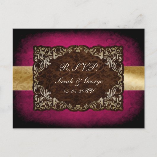 regal素朴装飾明るい赤紫色と金ゴールド結婚 インビテーションポストカード (正面)