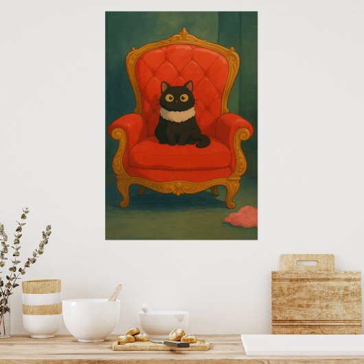 Regal Black Cat on Red Throne ポスター (キッチン)