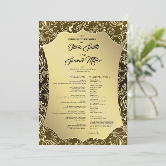 Regal Black Gold Damask Wedding Program 招待状 (スタンド正面)