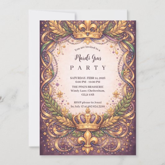 Regal Crown Fleur-de-Lis Mardi Gras 招待状 (正面)