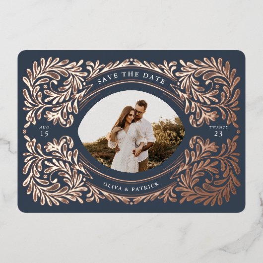 Regal Embellised Save The Date Photo Frame Navy 箔招待状 (正面)