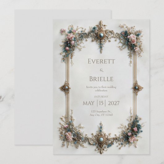 Regal Gold Filigree Gemstone Wedding 招待状 (正面/裏面)