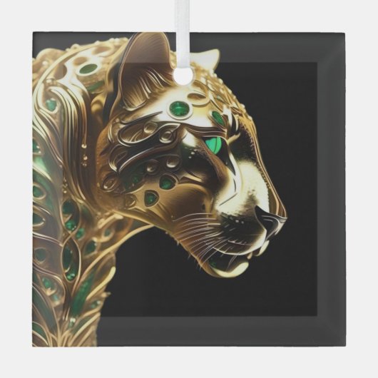 Regal Grace:金ゴールド・ジャガーがエメラルドで飾られた ガラスオーナメント (正面)