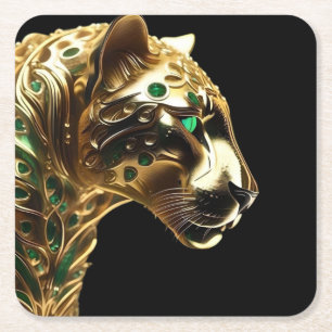 Regal Grace:金ゴールド・ジャガーがエメラルドで飾られた スクエアペーパーコースター