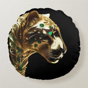 Regal Grace:金ゴールド・ジャガーがエメラルドで飾られた ラウンドクッション