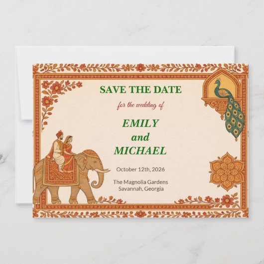 Regal Indian Elephant Gold & Saffron Save the Date (正面)