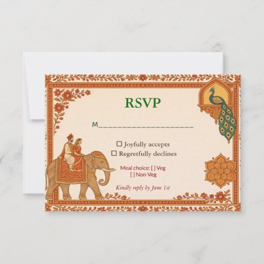 Regal Indian Floral Peacock RSVP Card (正面)
