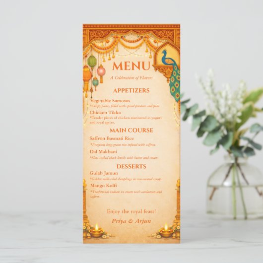 Regal Indian Wedding Menu Card | Gold & Saffron メニュー (スタンド正面)