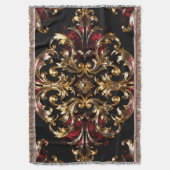Regal Noir Pattern | ゴールドの装飾文様と深紅 スローブランケット (正面縦)