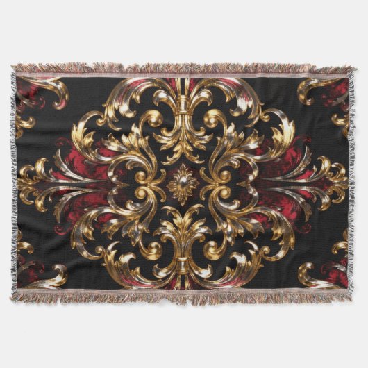 Regal Noir Pattern | ゴールドの装飾文様と深紅 スローブランケット (正面)