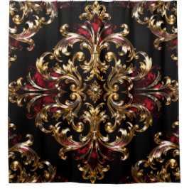 Regal Noir Pattern | Gold Scrollwork & Crimson シャワーカーテン