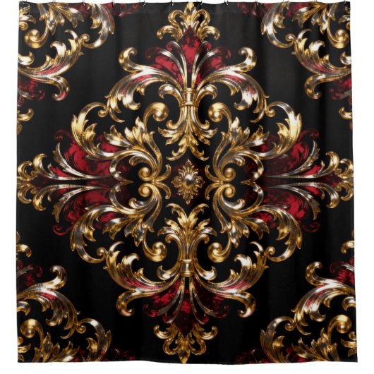 Regal Noir Pattern | Gold Scrollwork & Crimson シャワーカーテン (正面)