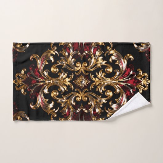 Regal Noir Pattern | Gold Scrollwork & Crimson バスタオルセット (ハンドタオル)