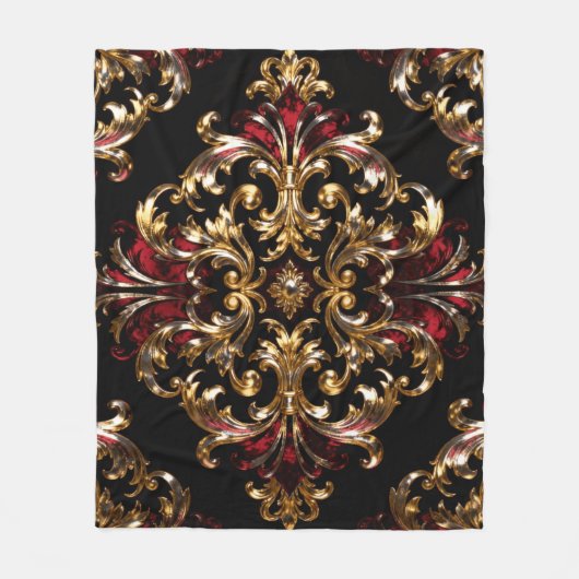 Regal Noir Pattern | Gold Scrollwork & Crimson フリースブランケット (正面)