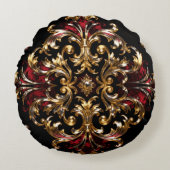 Regal Noir Pattern | Gold Scrollwork & Crimson ラウンドクッション (正面)