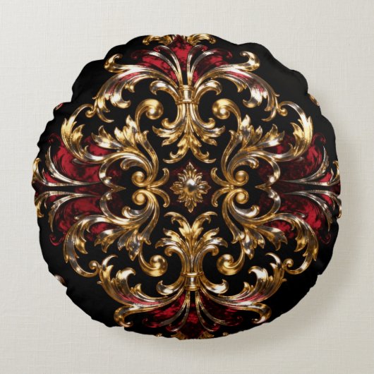 Regal Noir Pattern | Gold Scrollwork & Crimson ラウンドクッション (正面)