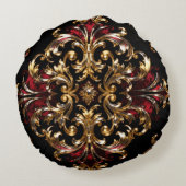 Regal Noir Pattern | Gold Scrollwork & Crimson ラウンドクッション (裏面)