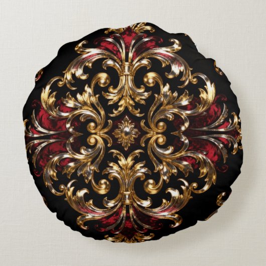 Regal Noir Pattern | Gold Scrollwork & Crimson ラウンドクッション (裏面)